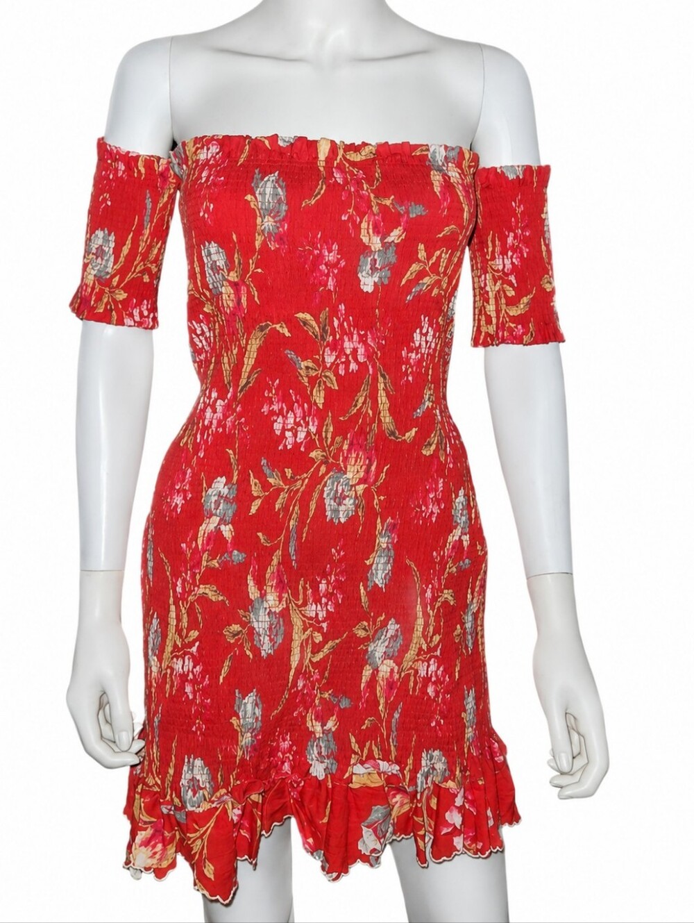 ZIMMERMANN | Corsair Red Floral Off Shoulder Smocked Mini Dress 2 NWT